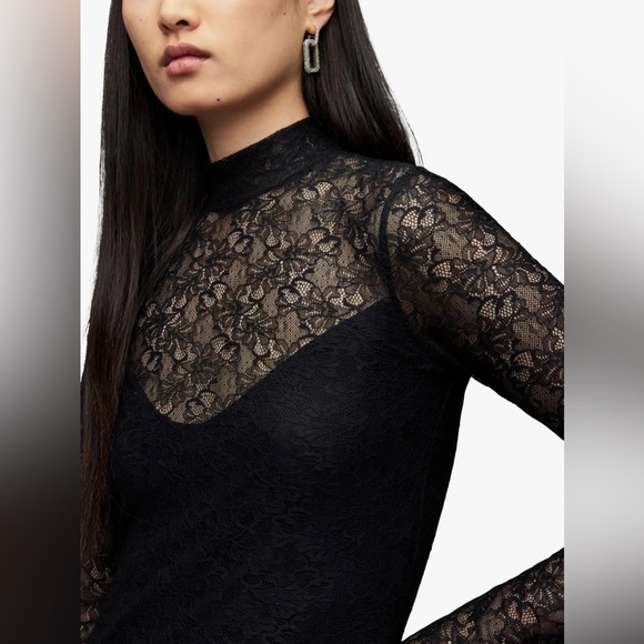 NWT All Saints Hanna Lace Black Asymmetrical Mock Neck Midi Dress Size US 8 - Picture 7 of 16